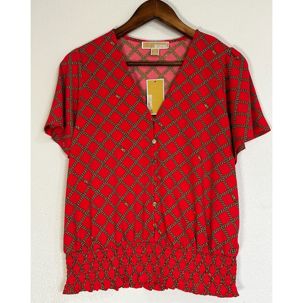 Michael‎ Michael Kors Blouse Womens Small Red NEW Chain Link V-Neck Top